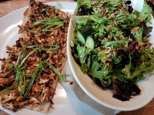 Buffalo Cauliflower Flatbread and field greens salad at Seasons 52 in North Bethesda