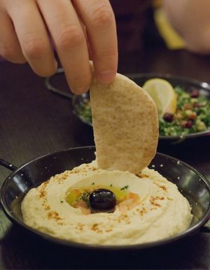 Hummus and bread at Yeni Mezi Bar at Yeni Restaurant in Edinburgh