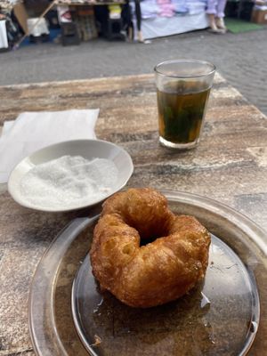 Sfenj with sugar and mint teaa  at Sfenj Boulabada in Marrakech