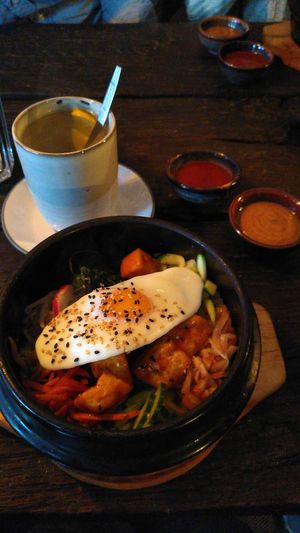 Hot bowl with tofu and egg, and tea at Mom's - Vegan Cooking in Berlin