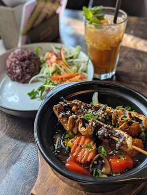 Mushroom sticks and baked vegetables with black rice and salad. at Mom's - Vegan Cooking in Berlin