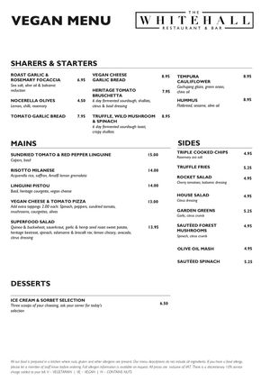 Vegan menu   at The Whitehall Restaurant & Bar in Leeds