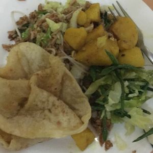 my plate with everything combined- roti, potatoes, rice and veggies at Indo Restaurant in Noord