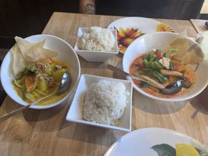 Yellow curry and pumpkin curry with rice   at Thai Idea Vegetarian in San Francisco