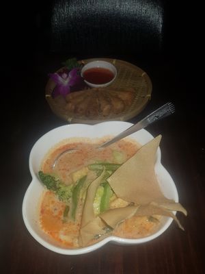 Red curry and spring rolls at Thai Idea Vegetarian in San Francisco
