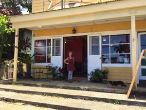 Sweet Potato cafe new location- 2 door to the east. Ruth owner in doorway.  at Sweet Potato Kitchen in Hawi