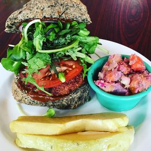 Vegan Hawaiian Burger, made in-house at Sweet Potato Kitchen in Hawi