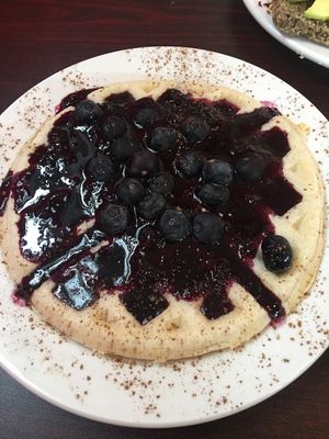 Vegan blueberry waffles  at Sweet Potato Kitchen in Hawi
