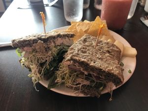 Vegan sandwich with cashew cheese  at Sweet Potato Kitchen in Hawi