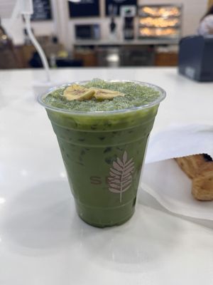 Iced Banana Soy Matcha  at Selva Coffee House in San Diego