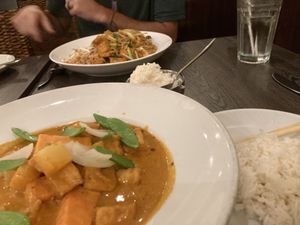 Massaman tofu curry, and veg pad Thai with tofu, plus vegan green papaya salad  at Thai House in Miami Beach