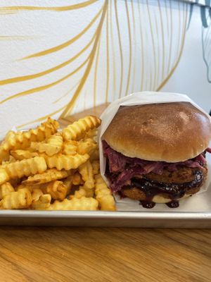Gangnam style burger with air fried fries  at Plantiful Superfoods in Lynnwood