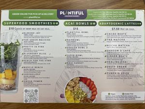 Menu  at Plantiful Superfoods in Lynnwood