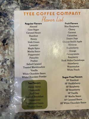 Menu  at Tyee Coffee + Goods in Coolin