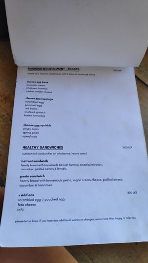 Menu at Meori in Arugam Bay