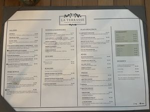 Vegan options marked with solid V mark  at La Terrasse in Mapou