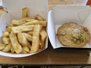 Chips and mushy pea fritter at Catch  in Looe