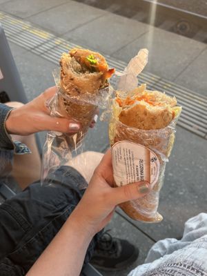 Seitan sandwich on the left, smoked tofu sandwich on the right  at BioPoint in Prague