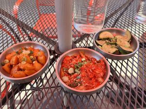 Free appetizers. Spicy potatoes, zucchini, and KimChee  at Bebap in Rochester