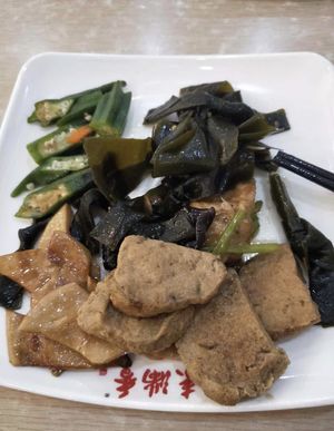 soy meat, mushrooms, okra  at Vegetarian Restaurant - 素食堂 解放路店 in Hangzhou