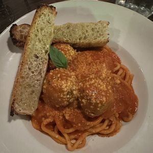 Spaghetti & “Meatballs” with House Baked Focaccia (Bellona size)  at Bellona Kitchen and Bar  in Toronto