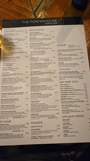 Menu at The Porterhouse in Dublin