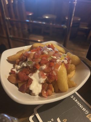 Vegan house fries with different sauces and beans  at The Porterhouse in Dublin
