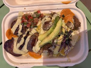 Mighty bowl with polenta and seitan   at Rainbow Kitchen + Rebel Tonics in South Jordan