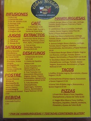 The menu at Vegan Burger in Oxapampa