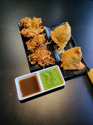 Onion bhaji and veggie samosas at Maharaja Royal Bites in Reno