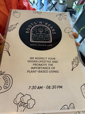 Back of menu  at Roots 'n' Beans in Kandy