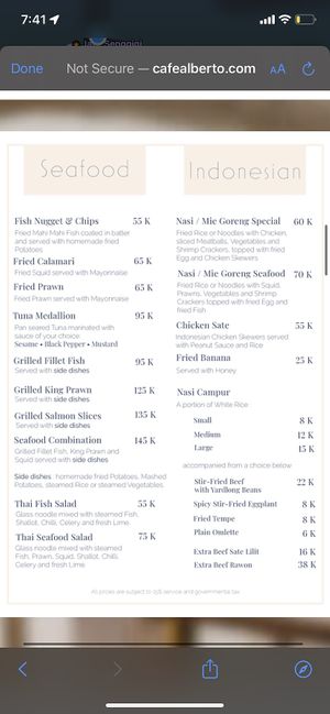 Menu  at Cafe Alberto in 