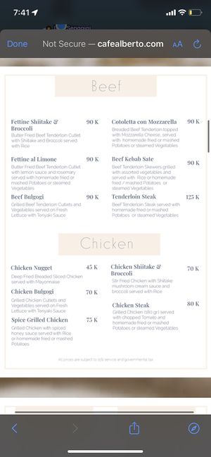 Menu  at Cafe Alberto in 