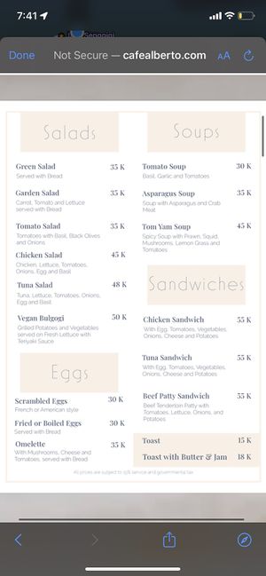 Menu  at Cafe Alberto in 