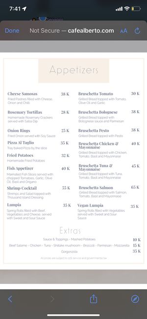 Menu  at Cafe Alberto in 