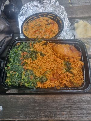 Jollof rice, plantain and spinach at DF Nigerian Food Truck in New York City