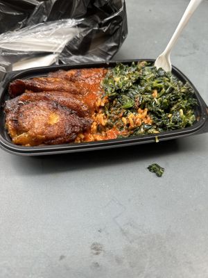 Small Jollof with plantain and spinach   at DF Nigerian Food Truck in New York City