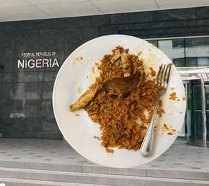 Meal plated at home, superposed over Nigerian embassy (the truck is parked right in front of embassy) at DF Nigerian Food Truck in New York City