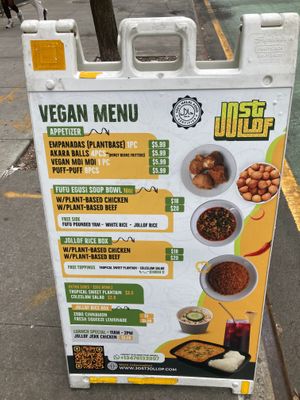 Placard (all vegan; the other side of the placard is all meat) at DF Nigerian Food Truck in New York City