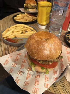 Lentil burger and fries  at Monumental Burger in Mexico City