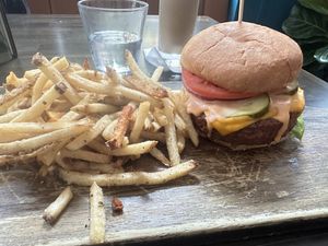 Vegan burger and regular fries, bun is vegan, I was told this was Impossible but please confirm this!  at Bird In Hand  in New York City