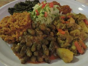 All vegan dishes on one big plate for a group to share at Almaz in Saarbrucken