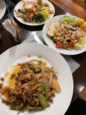 Soy meat main dish & sides from the buffet  at Sabor Cochabambino in Potosi