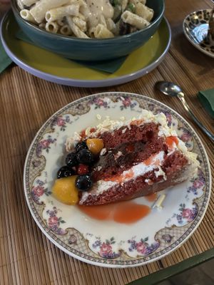 Vegan red velvet cake with fruits   at Vegan Chouke in Brussels
