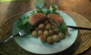 One of the nice dishes. A vegetarian burger with fried potatoes. at Barra 7 in Montevideo