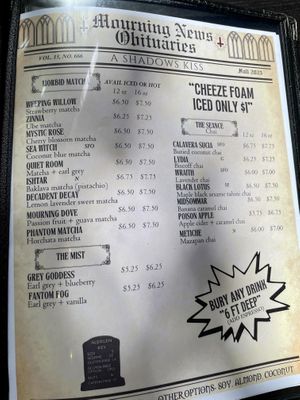 Menu  at Memento Mori Cafe in Portland