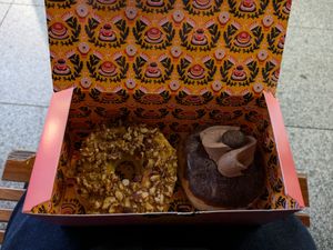 Left: Bienenstich. Right: chocolate mousse. at Brammibals Donuts - Europlatz in Berlin