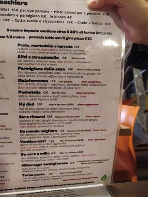 Part of the menu at Bella Vita Pizzeria  in Asti