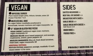 Vegan Menu as of Oct 2024 at Fred's Italian Restaurant in Grand Rapids