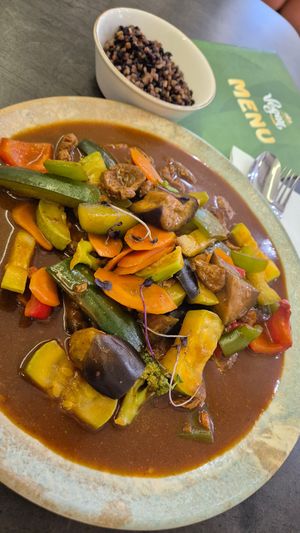 Eggplant stir-fry, served with buckwheat at Agnista Restaurant - Tara Center in Ulaanbaatar